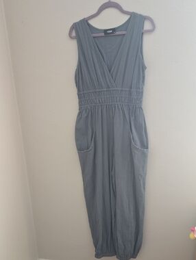 Cider Sleeveless Grey Blue Jumpsuit with Smocked Waist